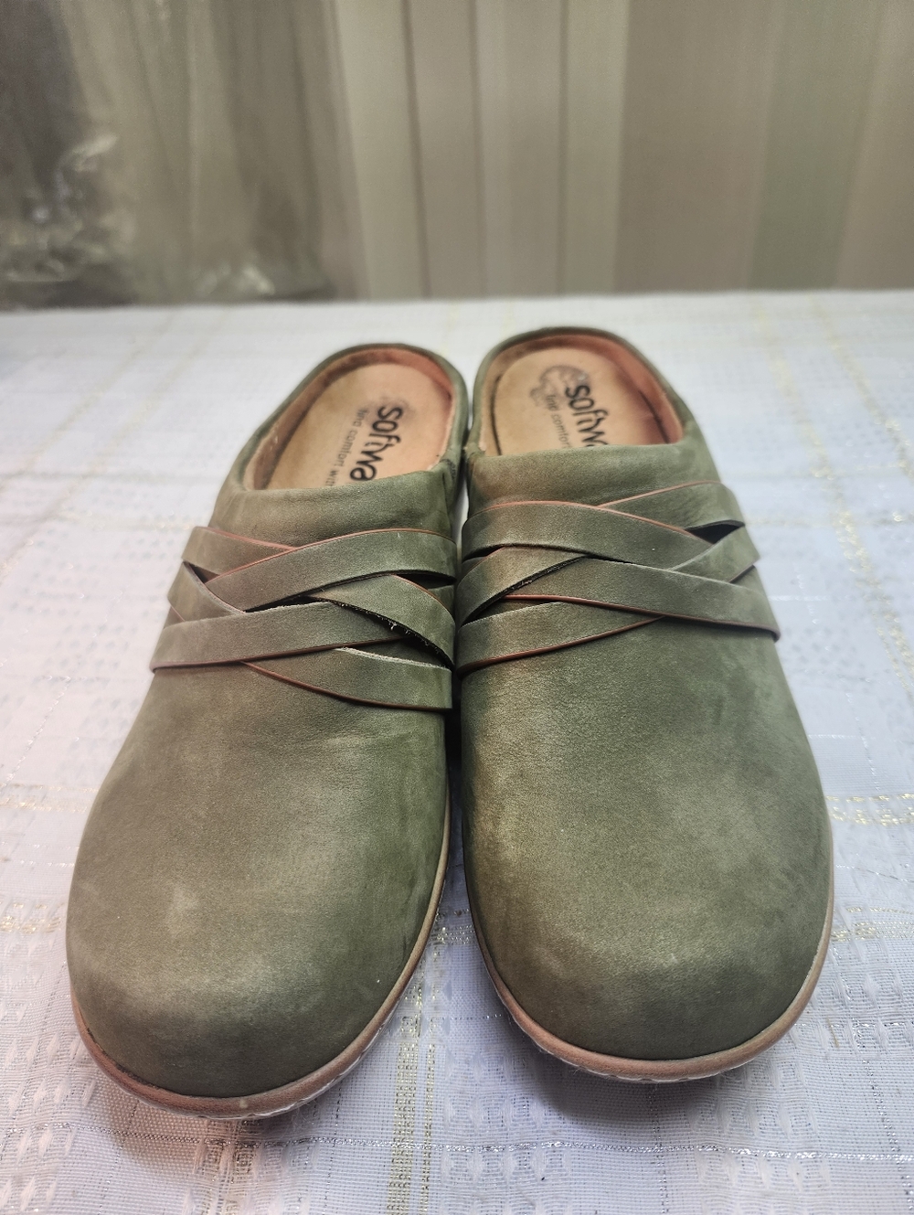 SoftWalk Olive Green Slip-On Clogs with Crisscross Straps